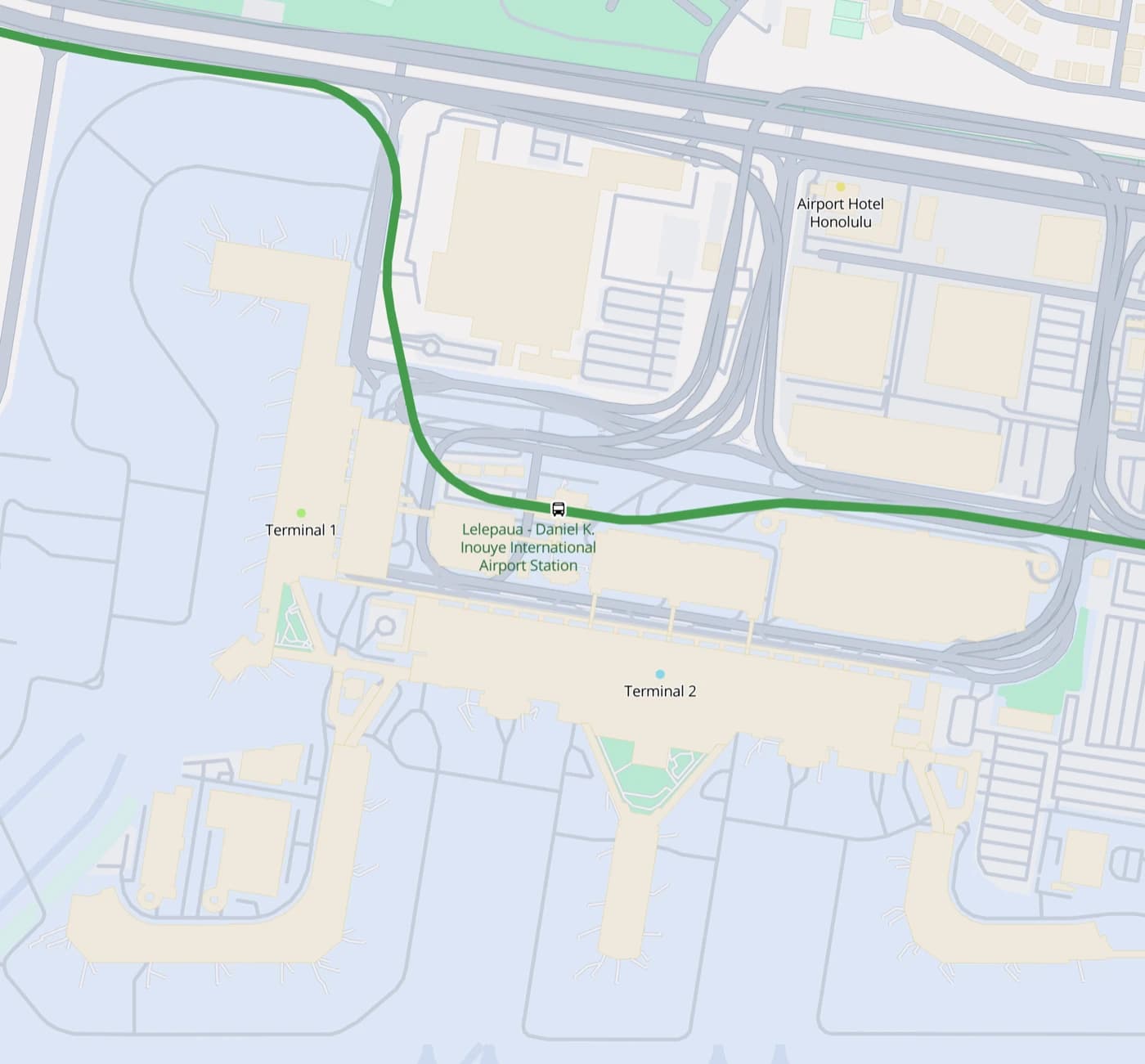 Map of Daniel K. Inouye International Airport showing Terminal 1, Terminal 2, Lelepaua Station and the Airport Hotel Honolulu