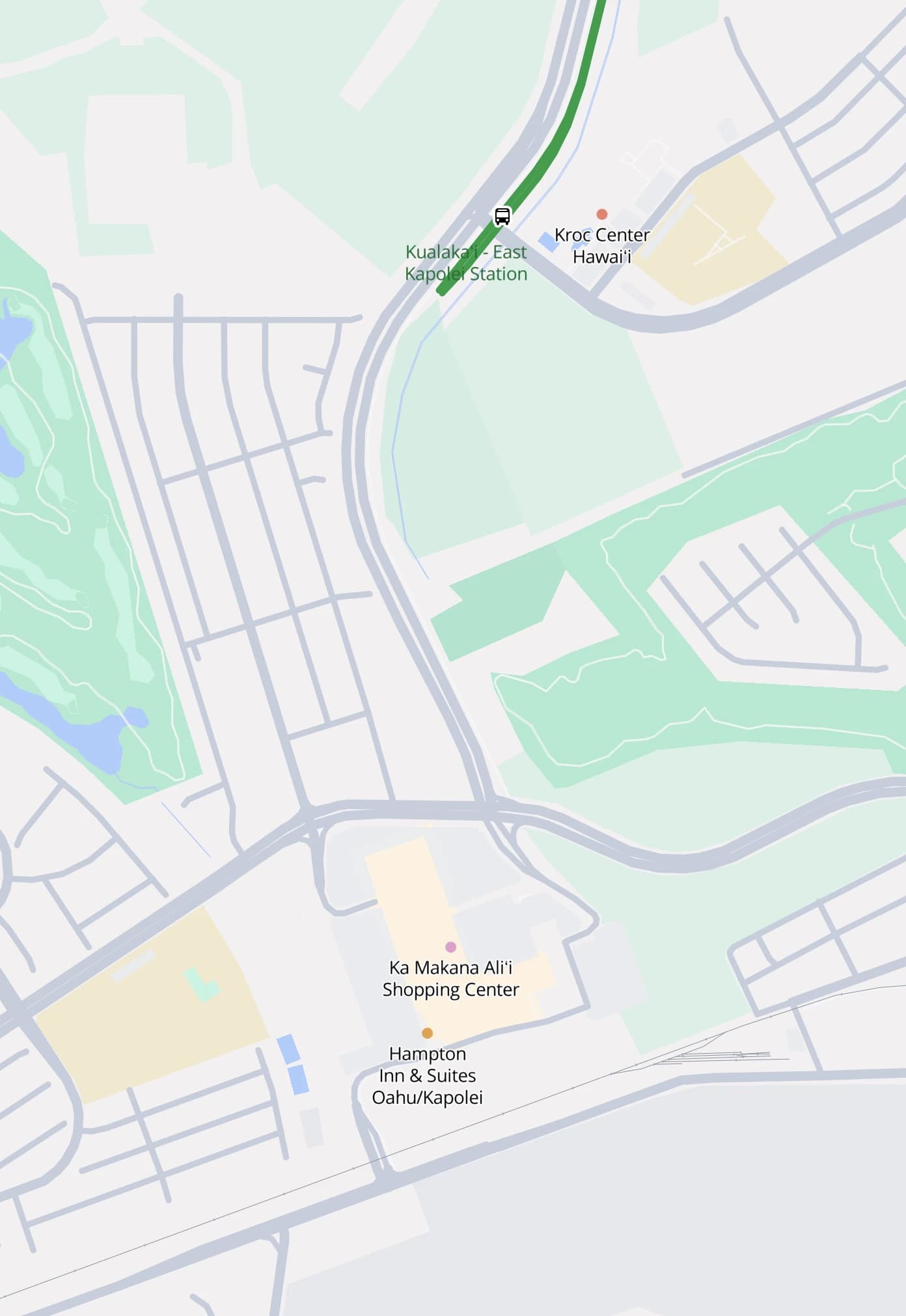 Map of East Kapolei showing Kualakaʻi Station, Kroc Center Hawaiʻi, Ka Makana Aliʻi Shopping Center and the Hampton Inn & Suites Oahu/Kapolei