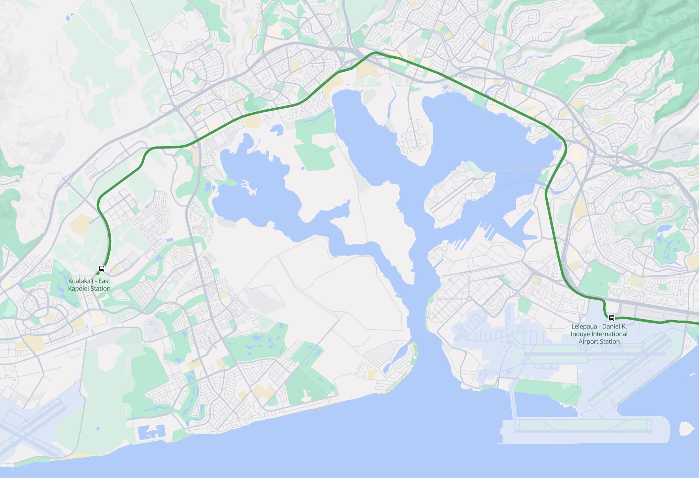 Skyline rail route across Oʻahu, from Kualakaʻi (East Kapolei) Station in the west to Lelepaua (Daniel K. Inouye International Airport) Station in the east